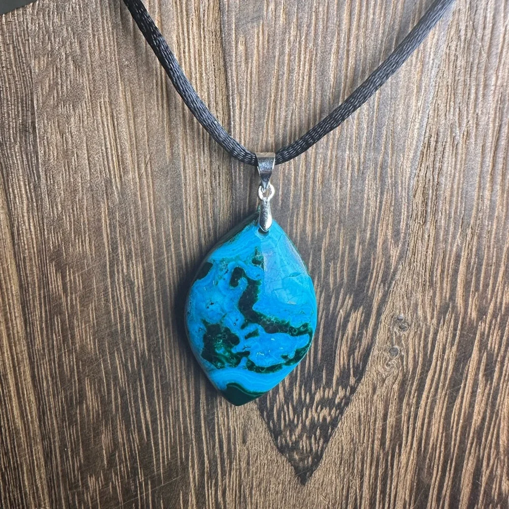 Chrysocolla Teardrop Pendant Necklace on Black Rope - Picture 3 of 14